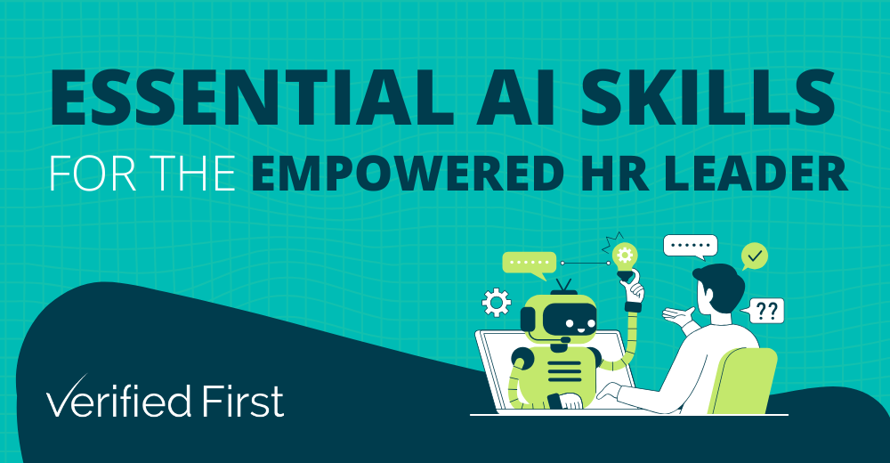 This image is promoting the blog. It reads the blog's title, "Essential AI Skills for the Empowered HR Leader," and includes a cartoon image of a person utilizing an AI platform (depicted as a robot exiting the computer) through their computer. 